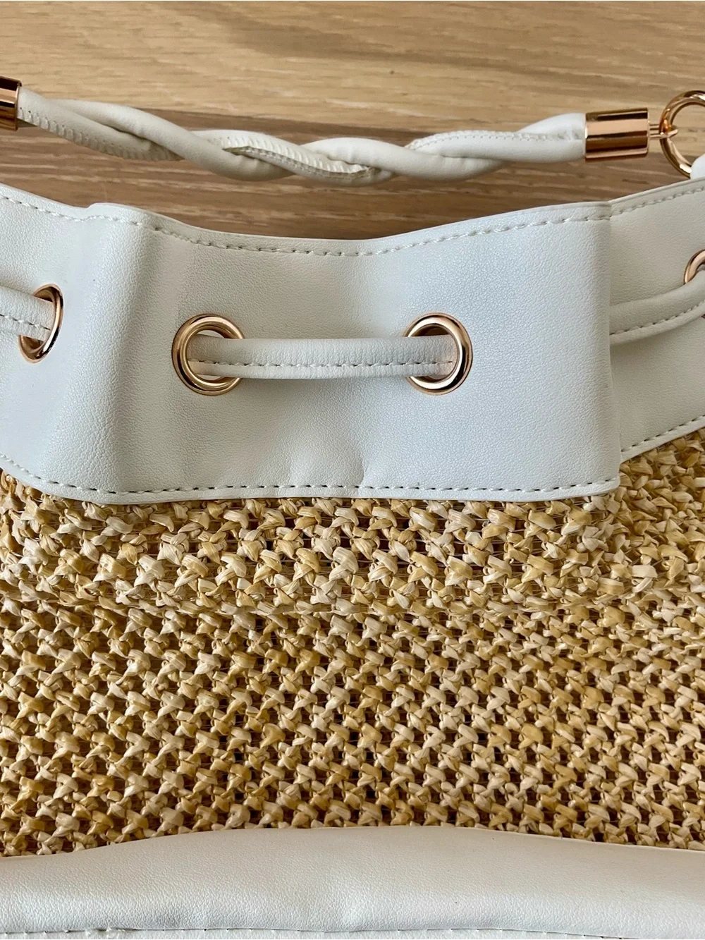 Saks Fifth Avenue White and Natural Woven Drawstring Bucket Bag
